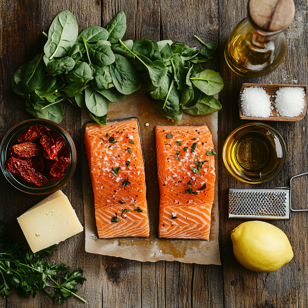 scalboost12 A beautifully arranged flat lay of ingredients fo 6a0b39c6 d872 4b86 8643 d263057e42fd 3 Creamy Tuscan Salmon