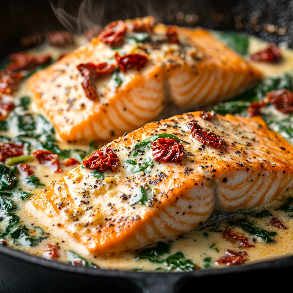 scalboost12 A close up shot of a sizzling cast iron skillet f dbff7e68 8366 4d87 a973 dbfae8d06825 3 3 Creamy Tuscan Salmon