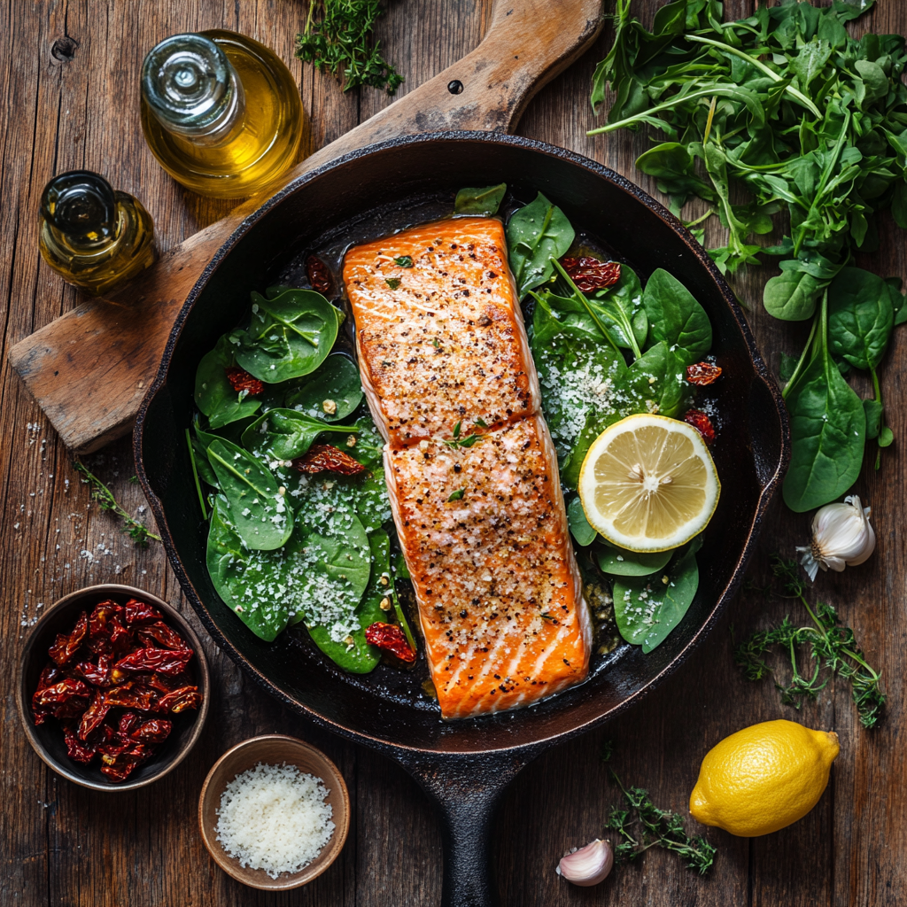 scalboost12 A stunning overhead flat lay of creamy Tuscan sal eb5a2843 9ca6 45fd 98ae 6dd0fe5f9ef4 0 Creamy Tuscan Salmon