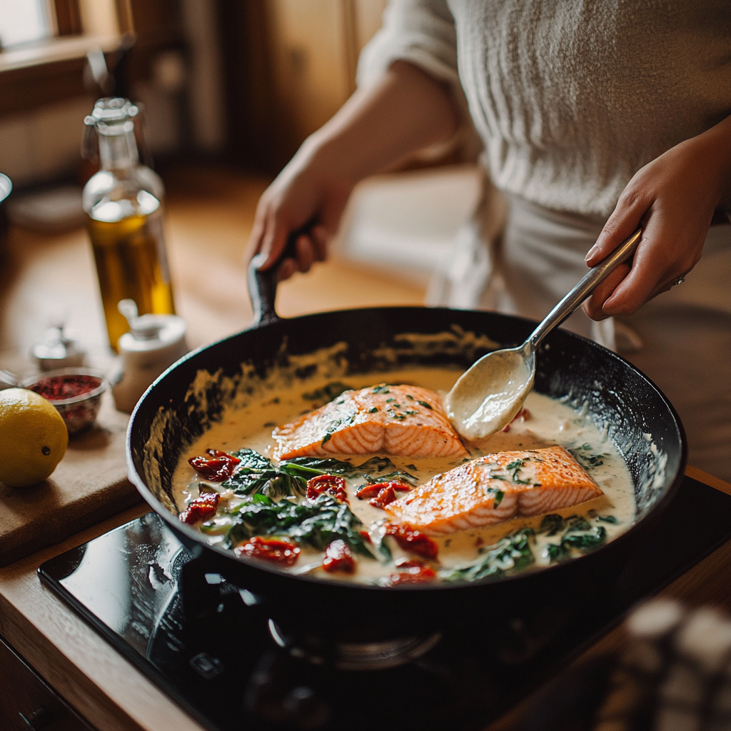scalboost12 A woman cooking creamy Tuscan salmon in a warm in 30f95eea 3030 490f bc17 ed52d0bd73bc 2 Creamy Tuscan Salmon