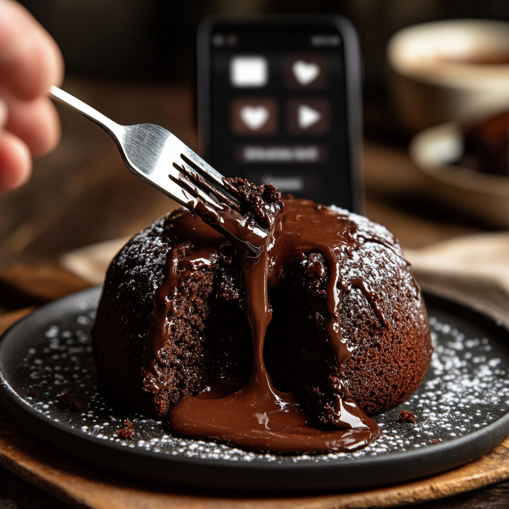 a hand holding a fork over a chocolate cake