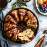 Flat lay of a bundt pan of monkey bread, showing golden layers with cinnamon sticks and a cup of tea beside it.