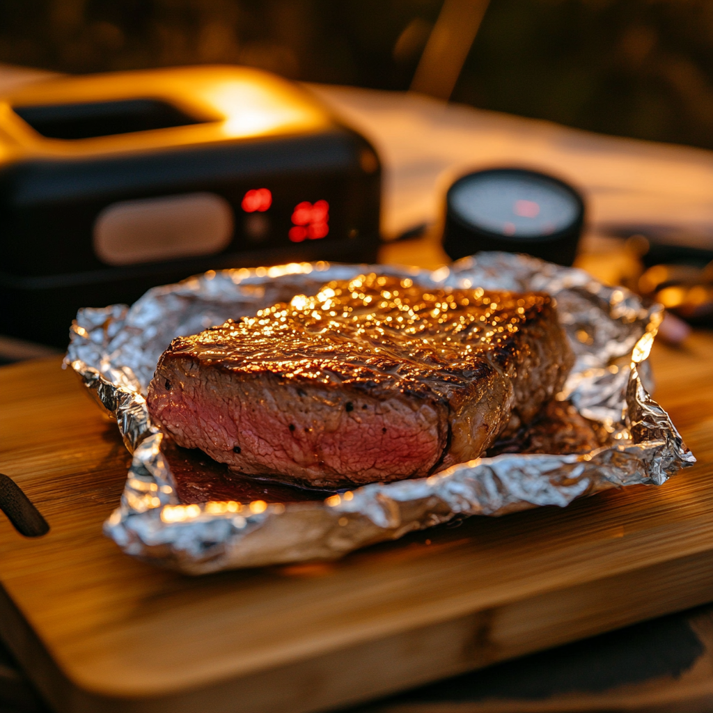 daring tiger 82198 Visualize a steak with a foil tent on a wo d1fac24c 7503 4181 b67a fcb68d73f6aa 3 Rest for Flavor
